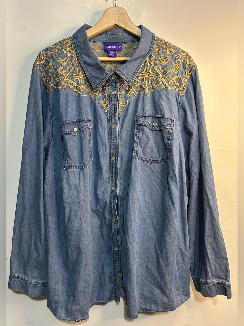 Catherines Tan Embroidered Snap Button Front Denim Shirt 3X (26/28W)